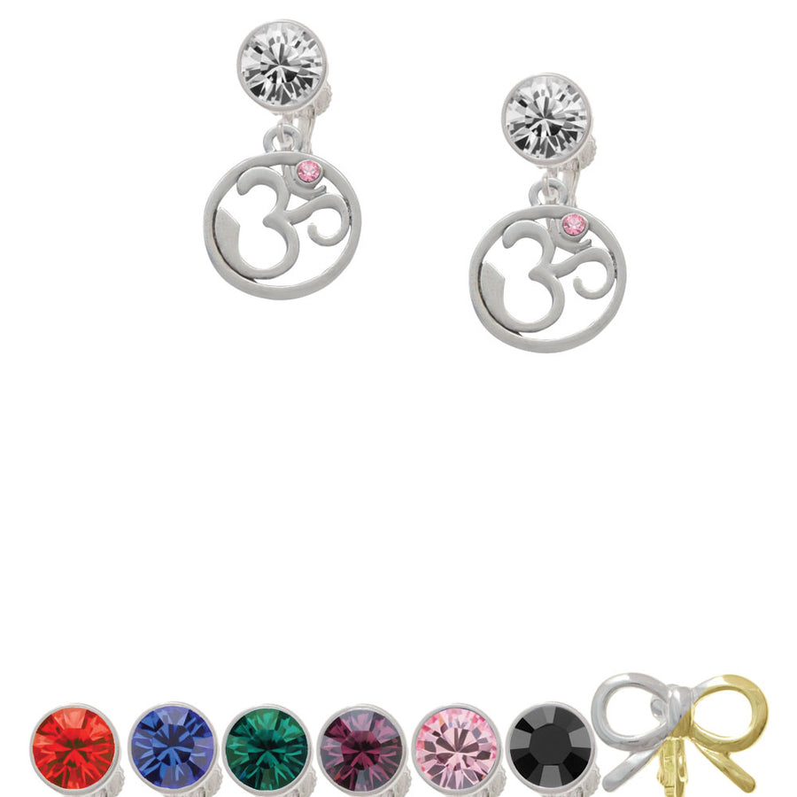 Om in Circle with Pink Crystal Crystal Clip On Earrings Image 1