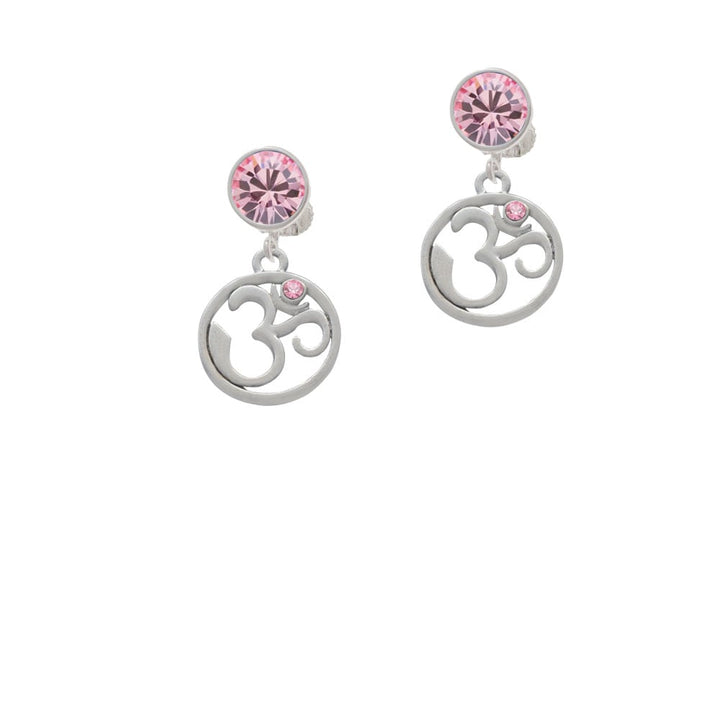 Om in Circle with Pink Crystal Crystal Clip On Earrings Image 1