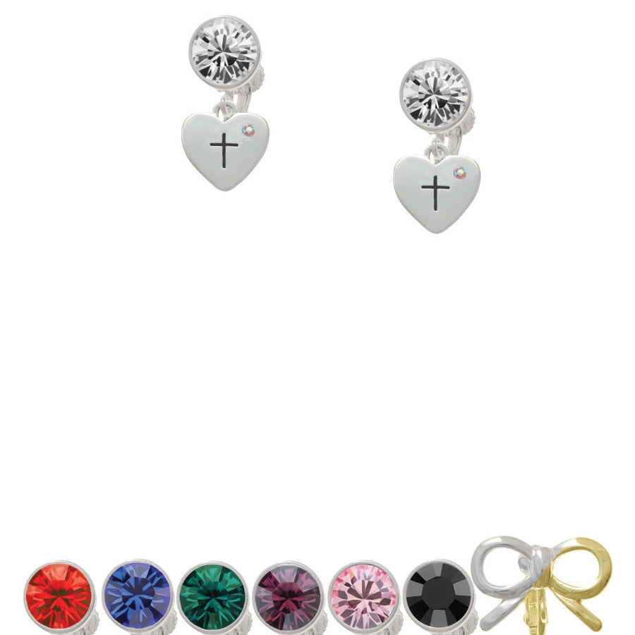 Small Heart with Cross and Fish with Crystal Crystal Clip On Earrings Image 1