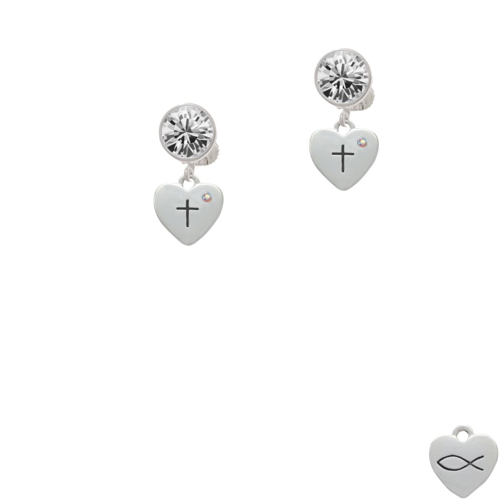 Small Heart with Cross and Fish with Crystal Crystal Clip On Earrings Image 2