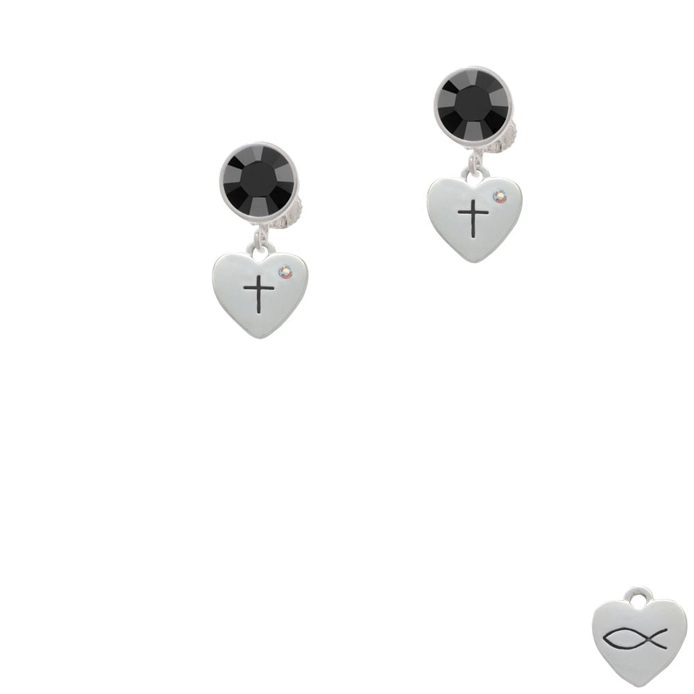 Small Heart with Cross and Fish with Crystal Crystal Clip On Earrings Image 3