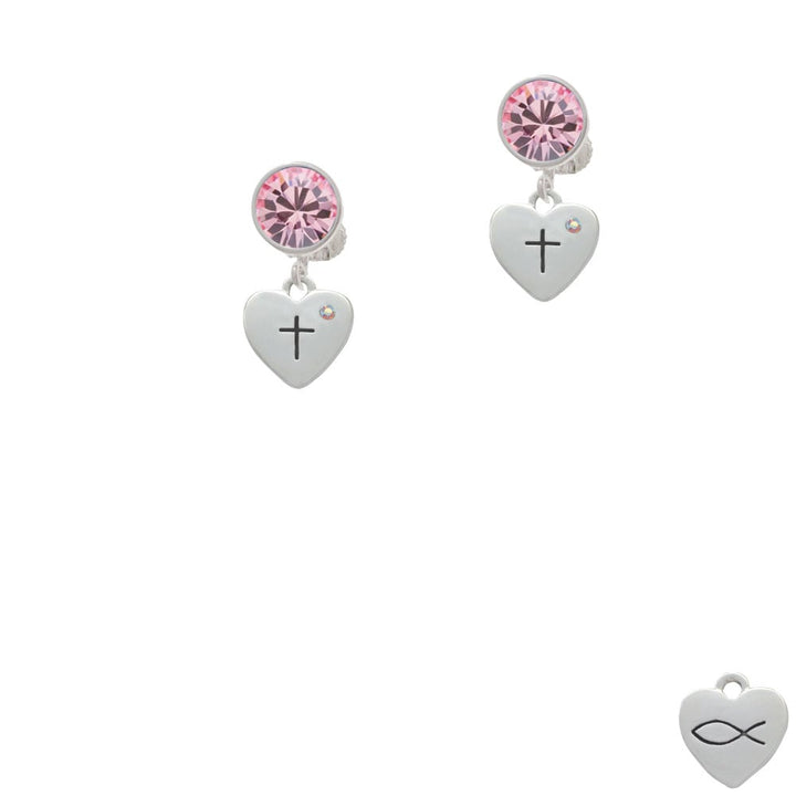 Small Heart with Cross and Fish with Crystal Crystal Clip On Earrings Image 4