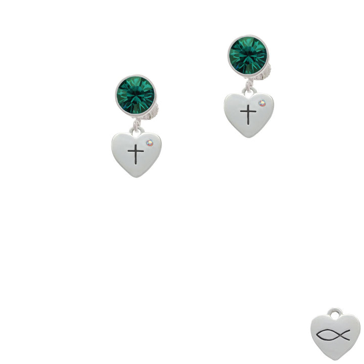 Small Heart with Cross and Fish with Crystal Crystal Clip On Earrings Image 6