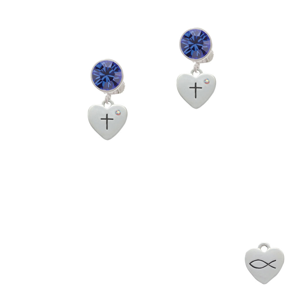 Small Heart with Cross and Fish with Crystal Crystal Clip On Earrings Image 7