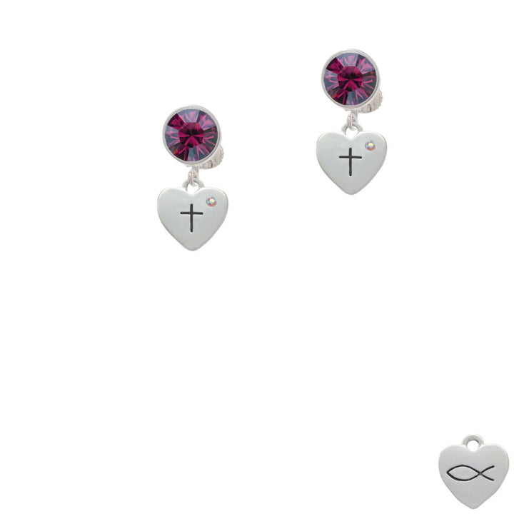 Small Heart with Cross and Fish with Crystal Crystal Clip On Earrings Image 8