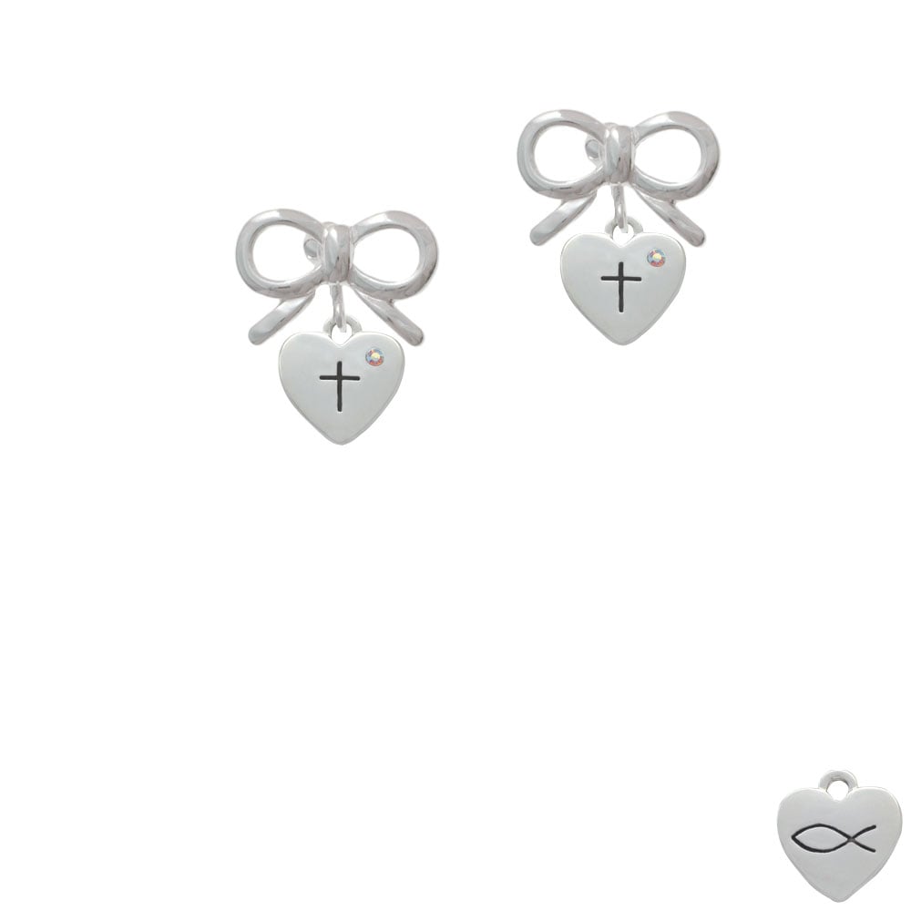 Small Heart with Cross and Fish with Crystal Crystal Clip On Earrings Image 9