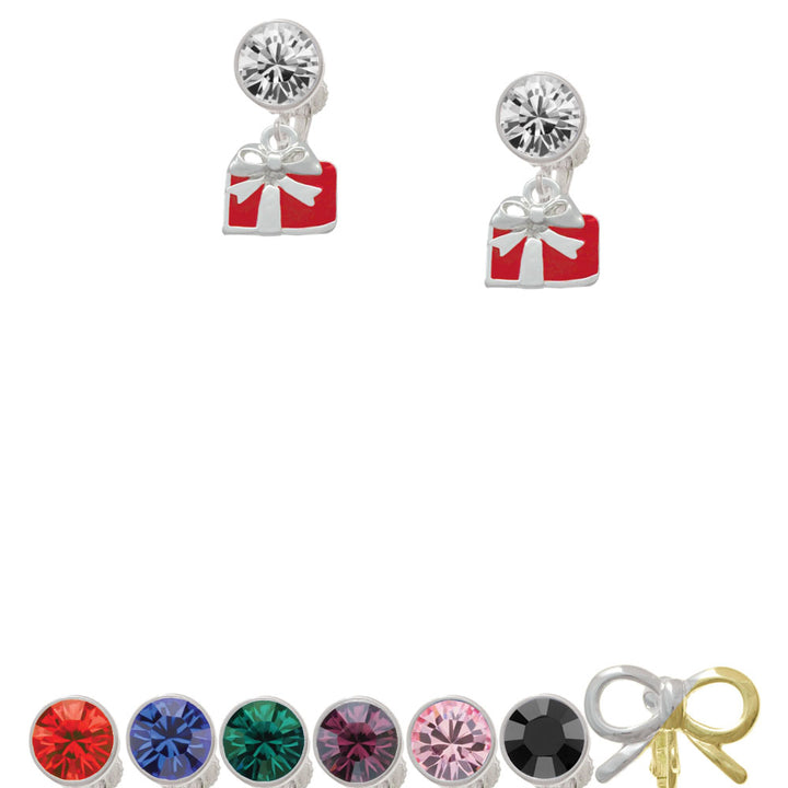 Small Red Enamel Present Crystal Clip On Earrings Image 1