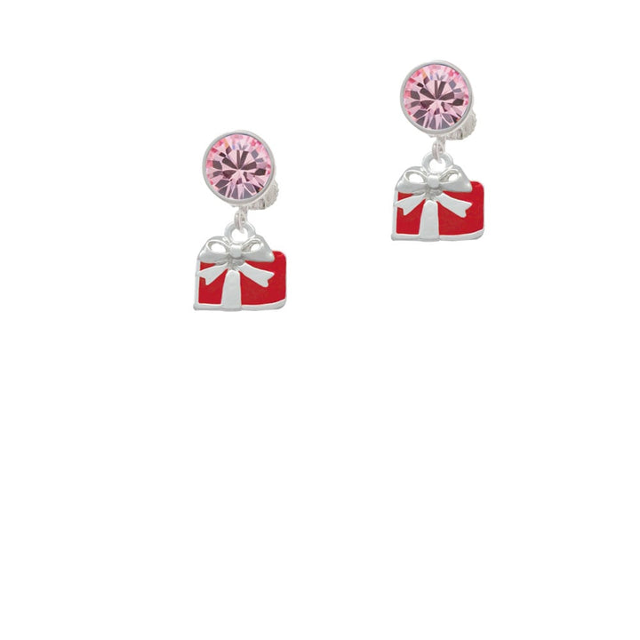 Small Red Enamel Present Crystal Clip On Earrings Image 4