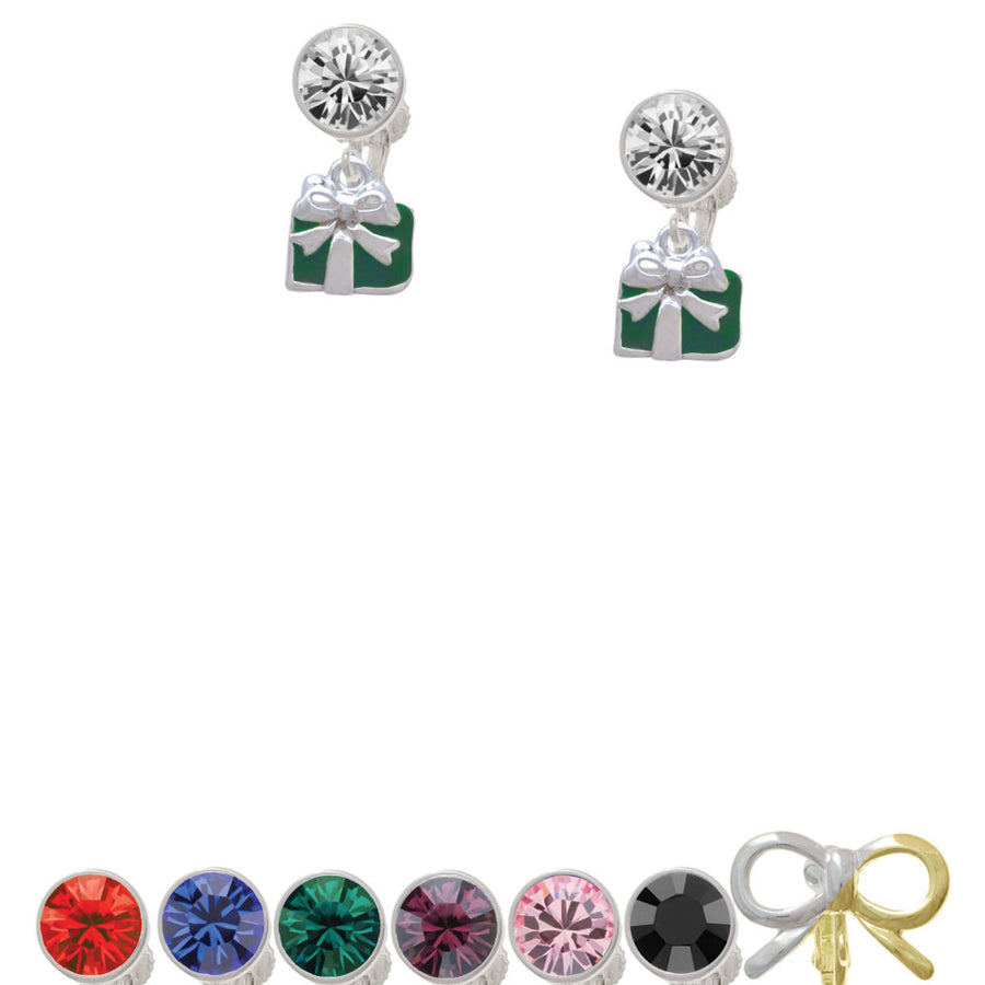 Small Green Enamel Present Crystal Clip On Earrings Image 1