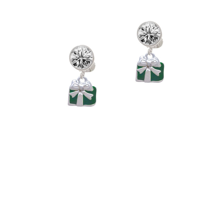 Small Green Enamel Present Crystal Clip On Earrings Image 2