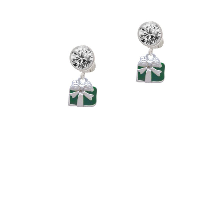 Small Green Enamel Present Crystal Clip On Earrings Image 1