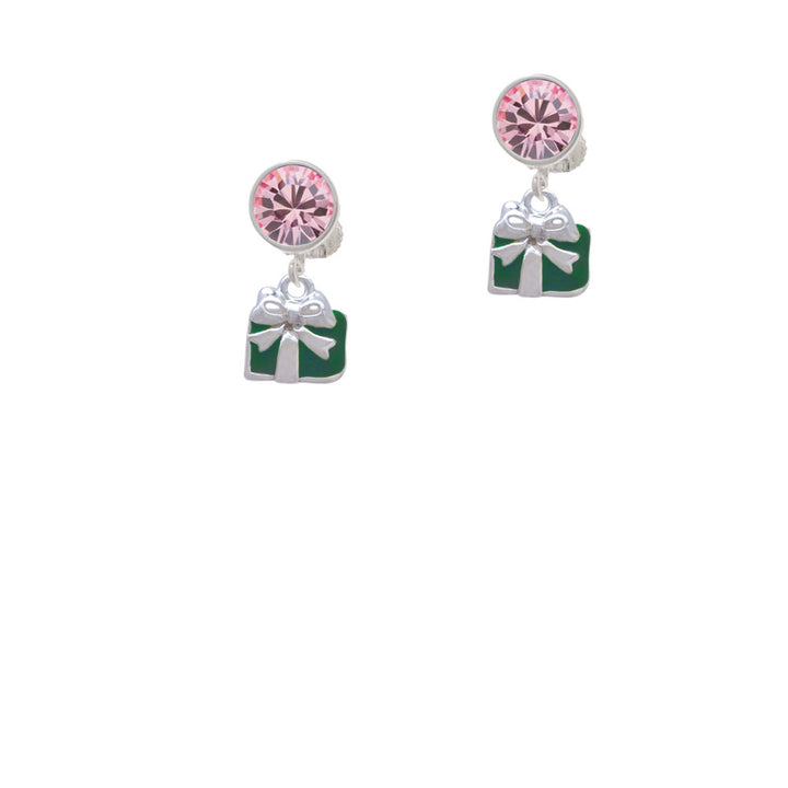 Small Green Enamel Present Crystal Clip On Earrings Image 4