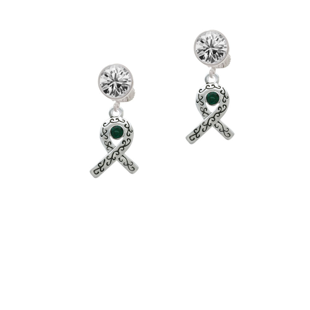 Scroll Ribbon with Green Crystal Crystal Clip On Earrings Image 2