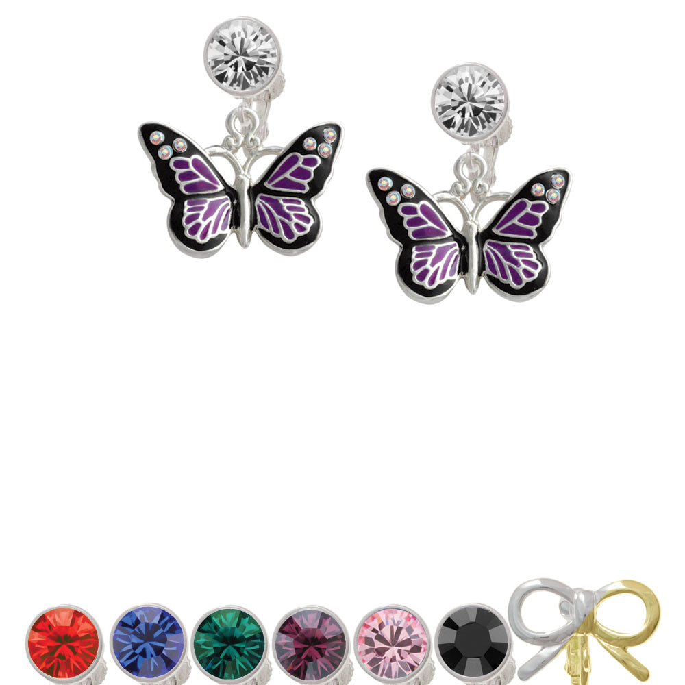 Large Purple Butterfly with 6 AB Crystals Crystal Clip On Earrings Image 1