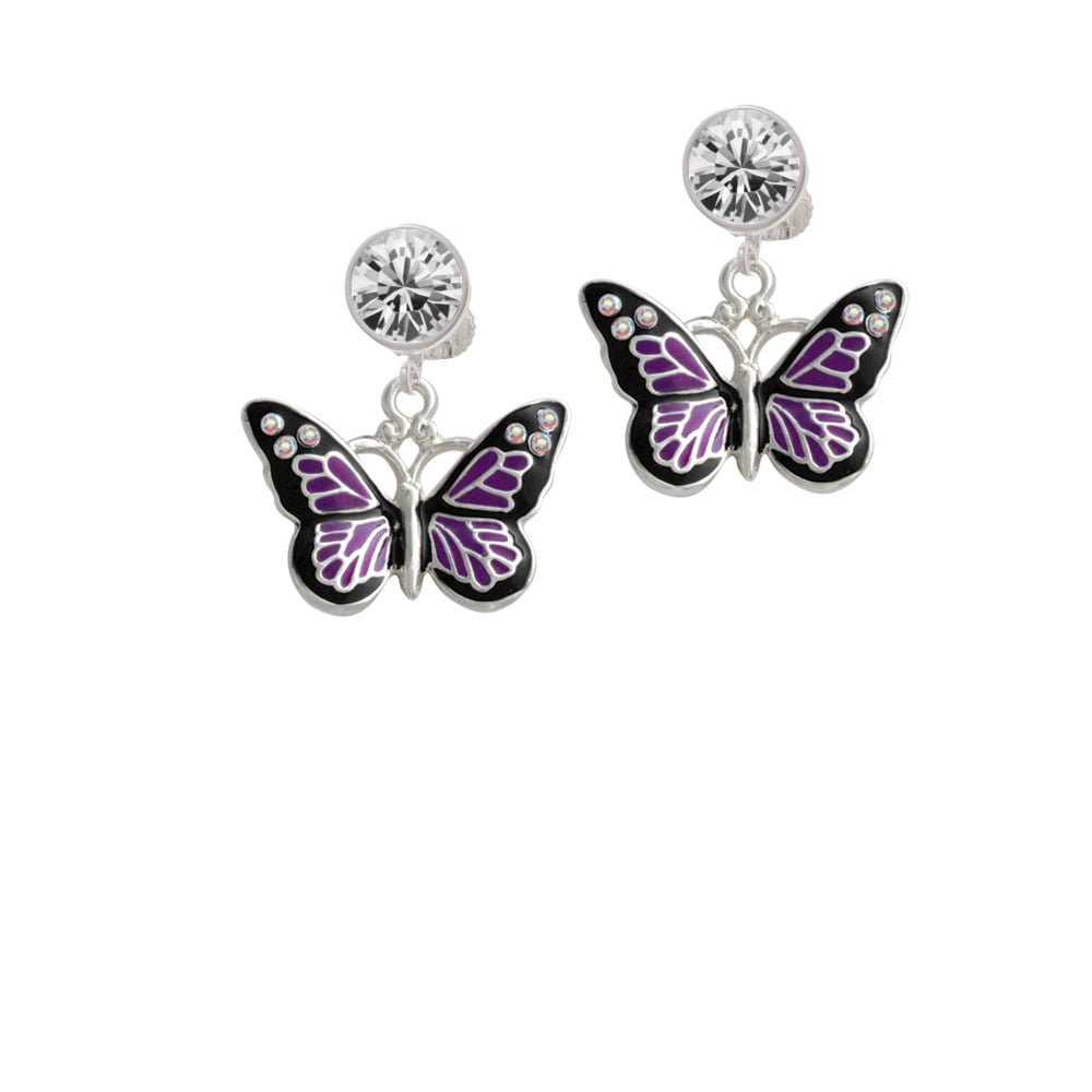 Large Purple Butterfly with 6 AB Crystals Crystal Clip On Earrings Image 1