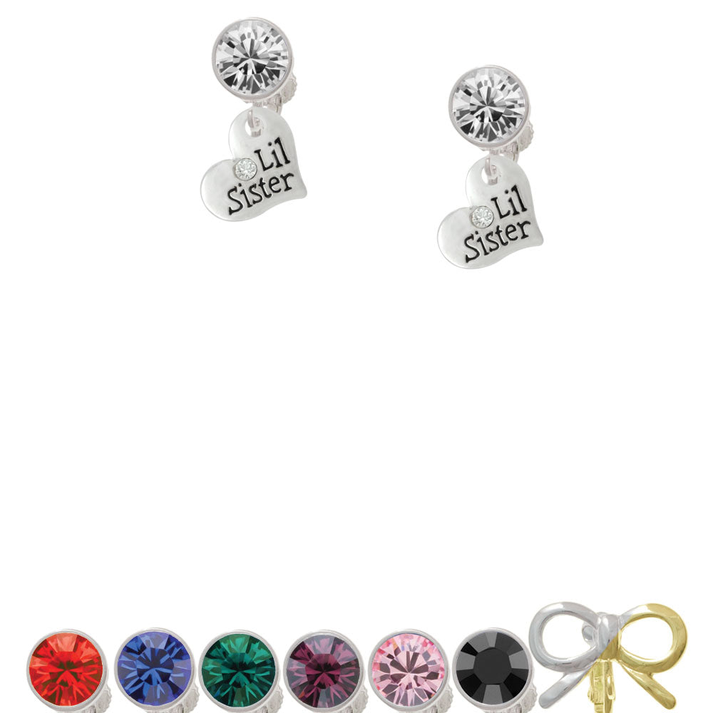 Small Lil Sister Heart with Clear Crystal Crystal Clip On Earrings Image 1