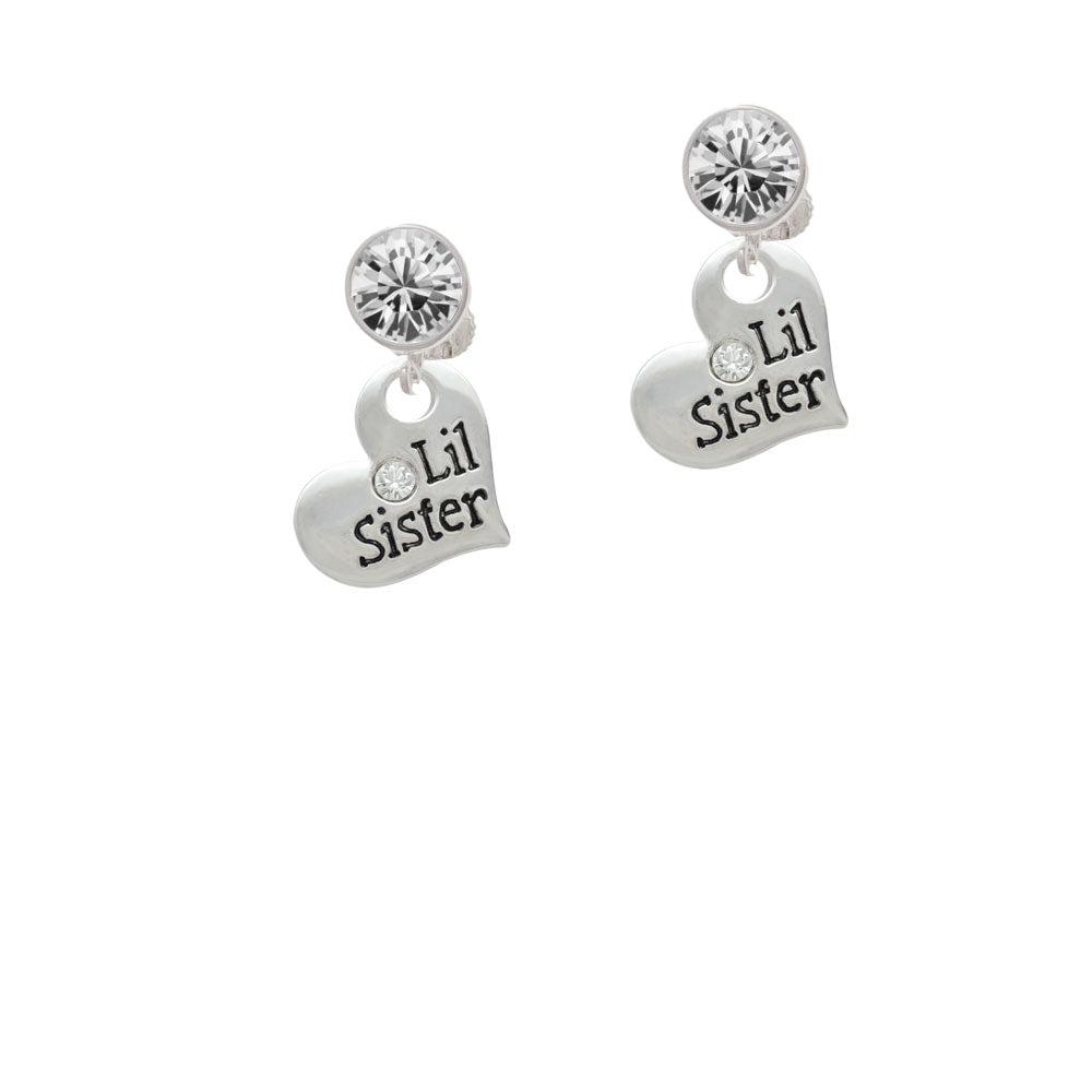 Large Lil Sister Heart with Clear Crystal Crystal Clip On Earrings Image 2