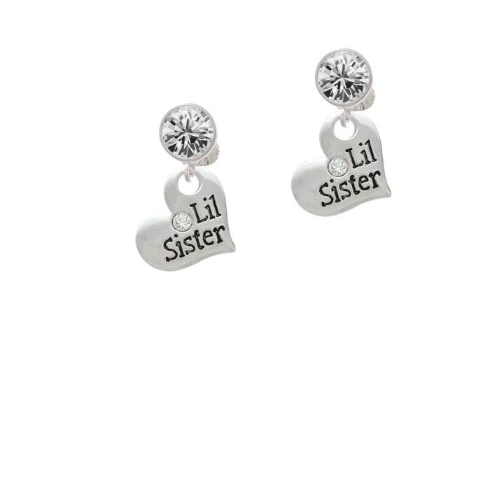 Large Lil Sister Heart with Clear Crystal Crystal Clip On Earrings Image 1