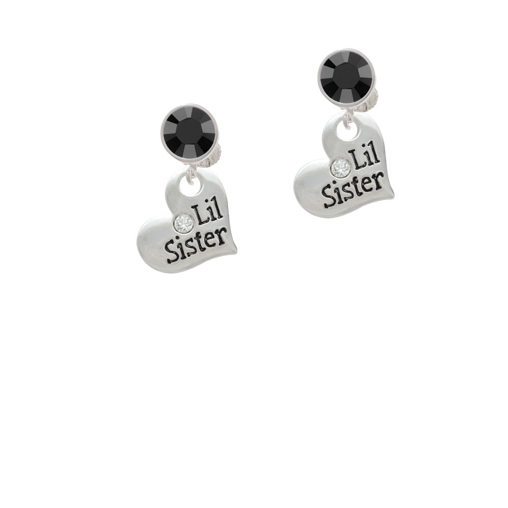 Large Lil Sister Heart with Clear Crystal Crystal Clip On Earrings Image 3