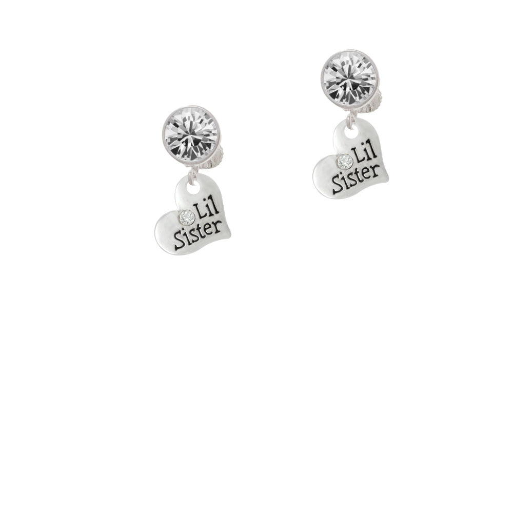 Small Lil Sister Heart with Clear Crystal Crystal Clip On Earrings Image 2