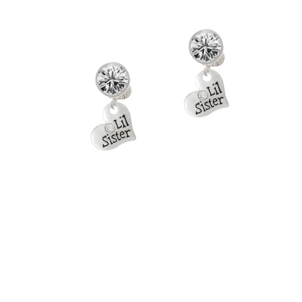 Small Lil Sister Heart with Clear Crystal Crystal Clip On Earrings Image 1