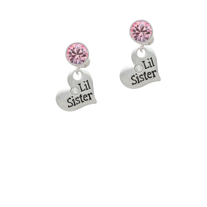 Large Lil Sister Heart with Clear Crystal Crystal Clip On Earrings Image 4