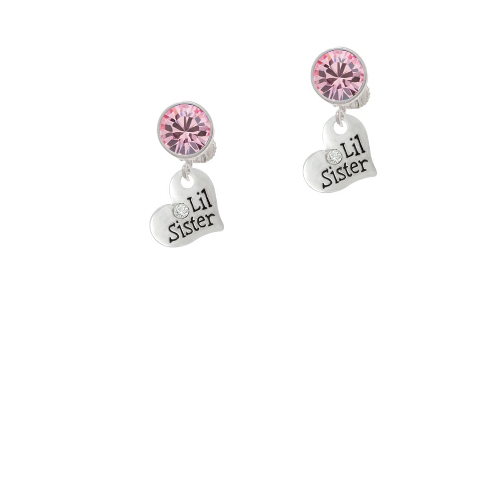 Small Lil Sister Heart with Clear Crystal Crystal Clip On Earrings Image 4