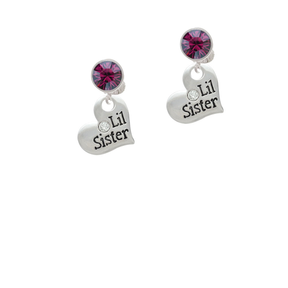 Large Lil Sister Heart with Clear Crystal Crystal Clip On Earrings Image 8