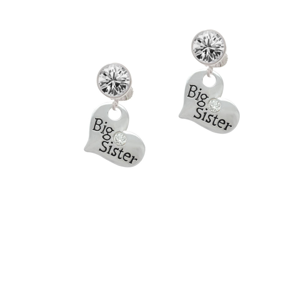 Large Big Sister Heart with Clear Crystal Crystal Clip On Earrings Image 2