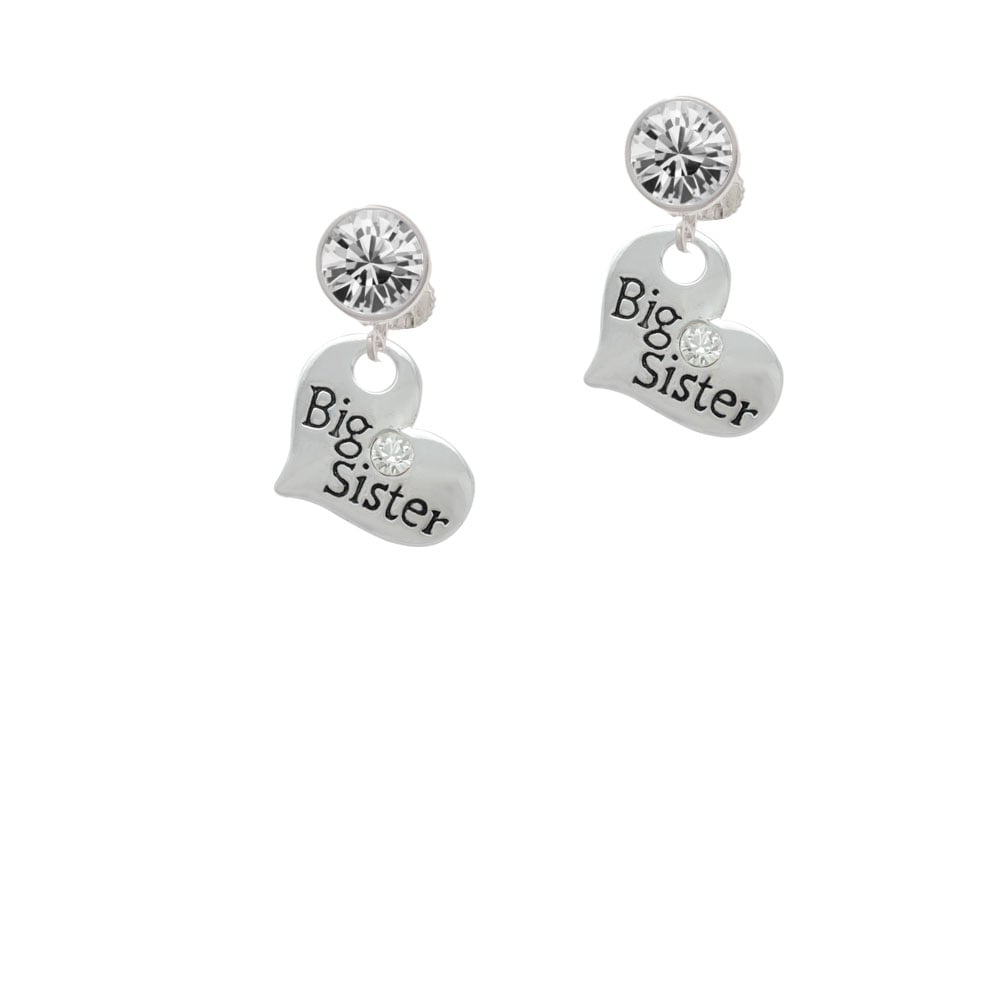 Large Big Sister Heart with Clear Crystal Crystal Clip On Earrings Image 1