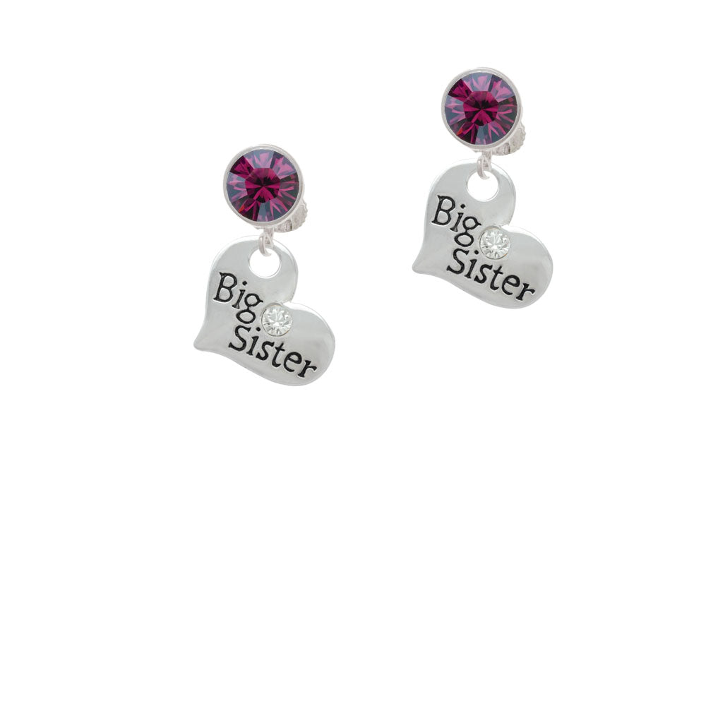 Large Big Sister Heart with Clear Crystal Crystal Clip On Earrings Image 8