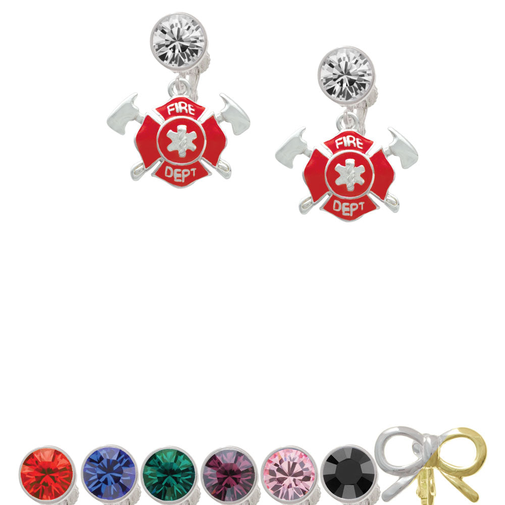 Red Fire Department Shield with Axes Crystal Clip On Earrings Image 1