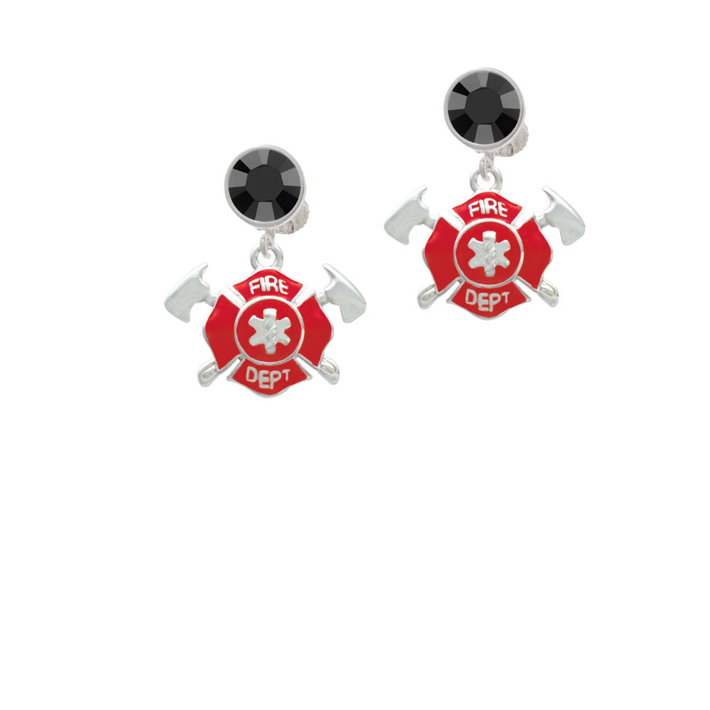 Red Fire Department Shield with Axes Crystal Clip On Earrings Image 3