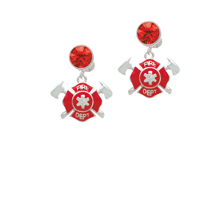 Red Fire Department Shield with Axes Crystal Clip On Earrings Image 4