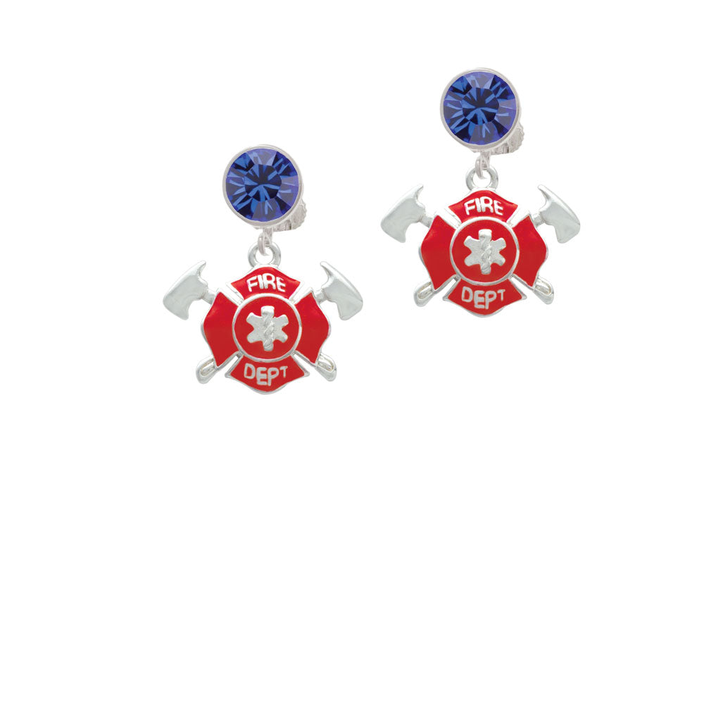 Red Fire Department Shield with Axes Crystal Clip On Earrings Image 7