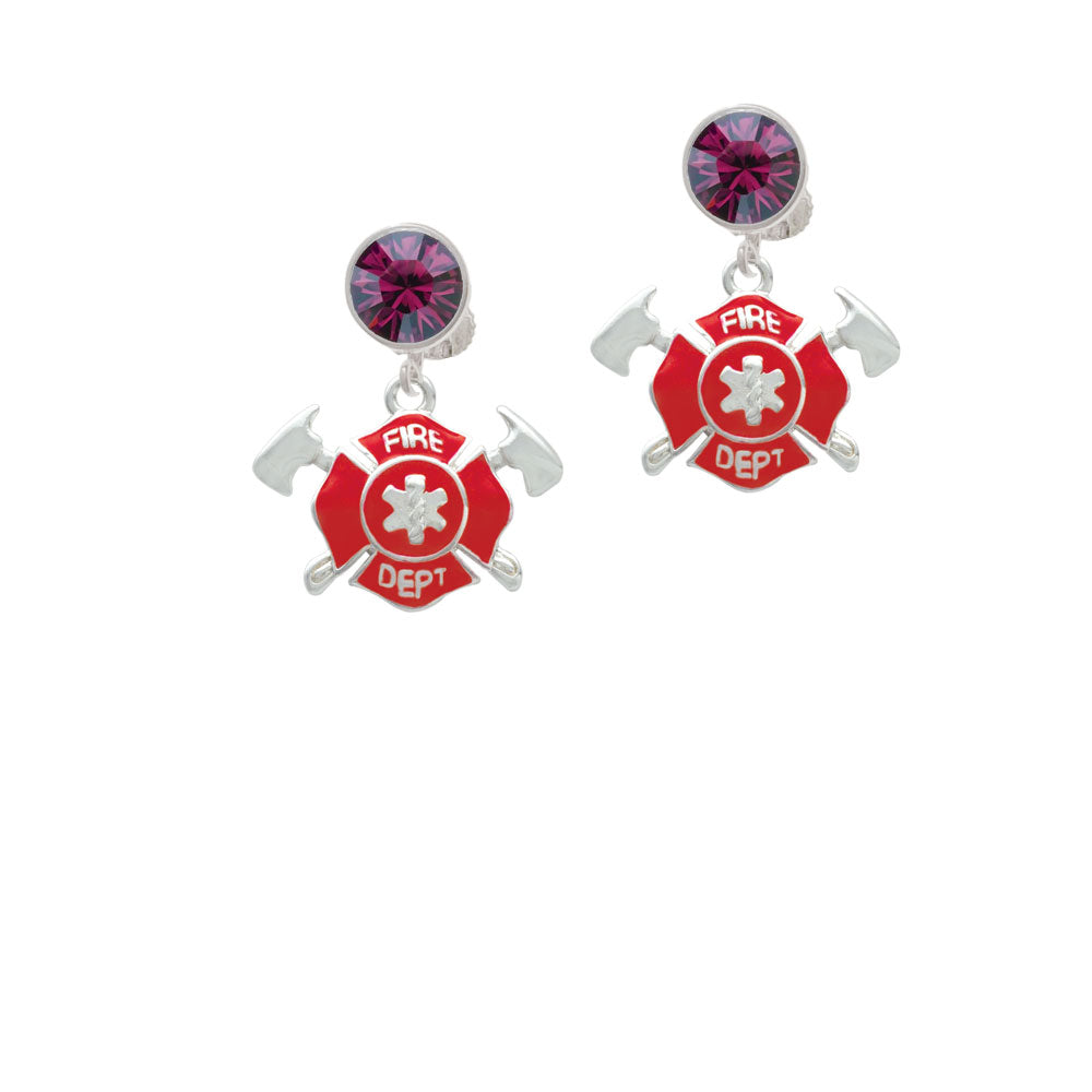 Red Fire Department Shield with Axes Crystal Clip On Earrings Image 8