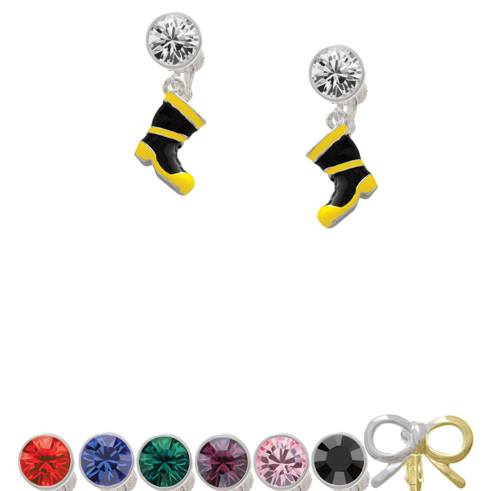 Black and Yellow Firefighter Boot Crystal Clip On Earrings Image 1