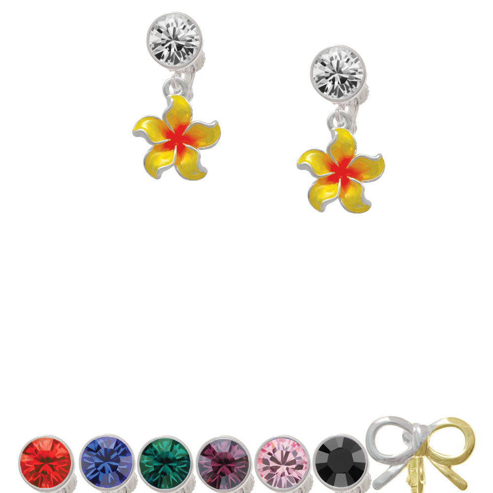 Yellow and Orange Plumeria Flower Crystal Clip On Earrings Image 1