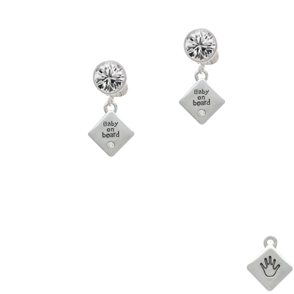 2-D Baby on Board Sign with Foot Print Crystal Clip On Earrings Image 1