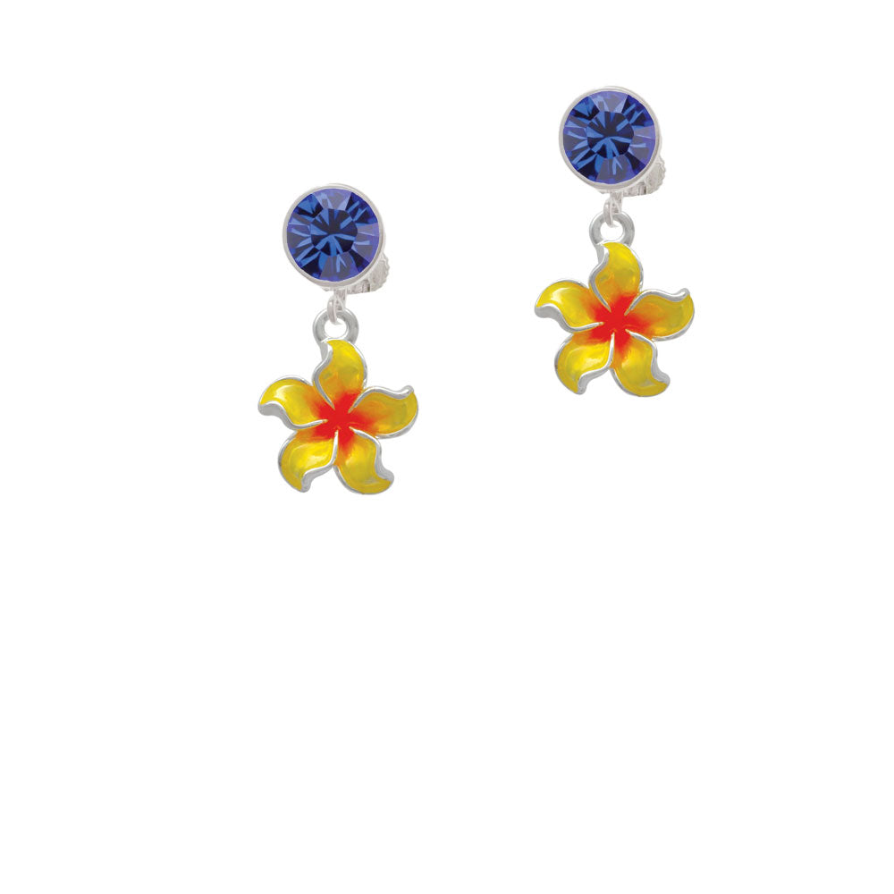 Yellow and Orange Plumeria Flower Crystal Clip On Earrings Image 7