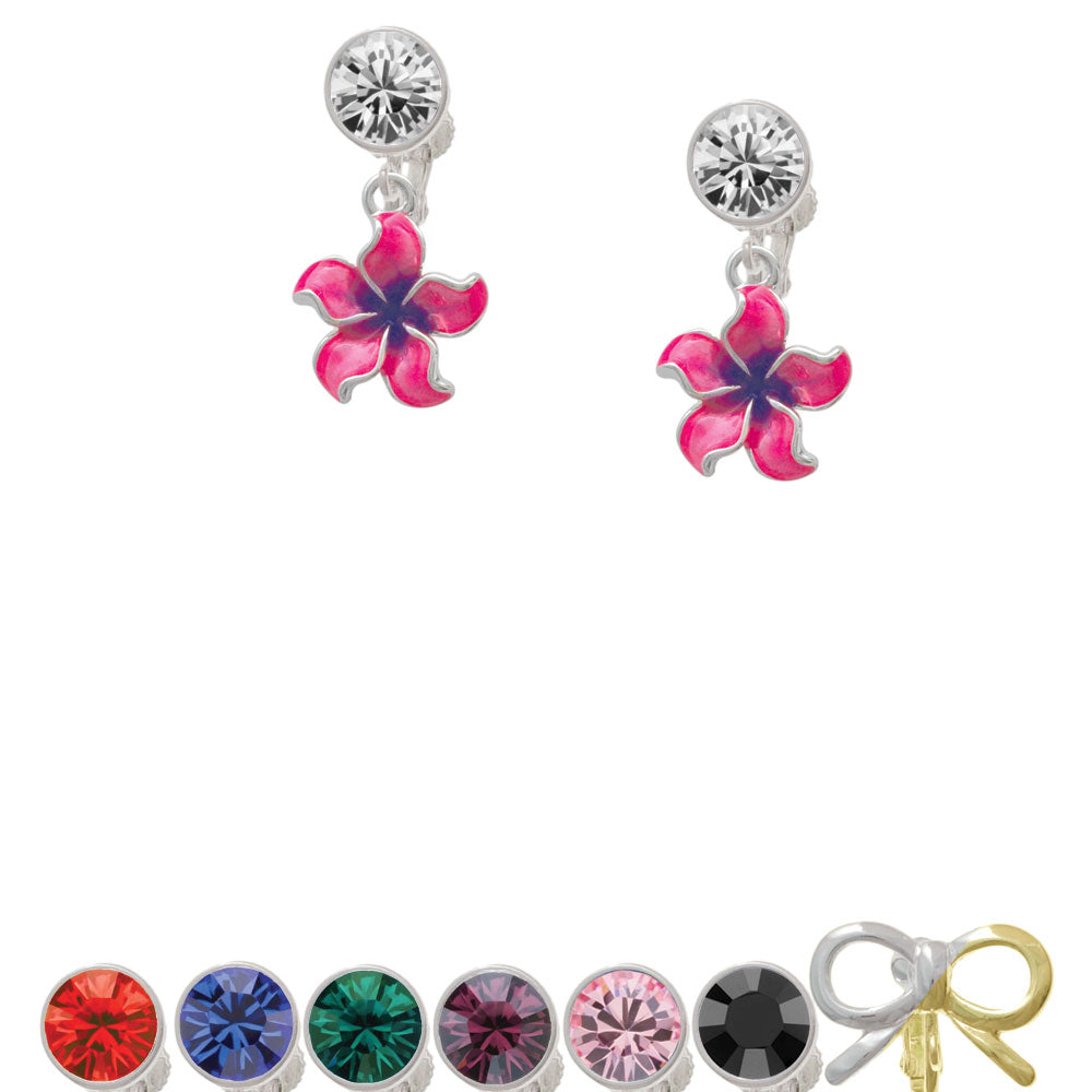 Hot Pink and Purple Plumeria Flower Crystal Clip On Earrings Image 1