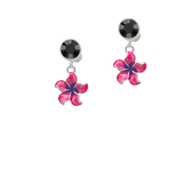 Hot Pink and Purple Plumeria Flower Crystal Clip On Earrings Image 3