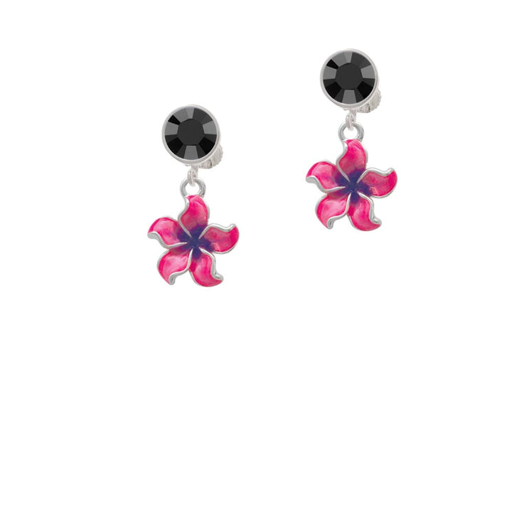 Hot Pink and Purple Plumeria Flower Crystal Clip On Earrings Image 1