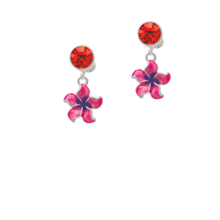 Hot Pink and Purple Plumeria Flower Crystal Clip On Earrings Image 4