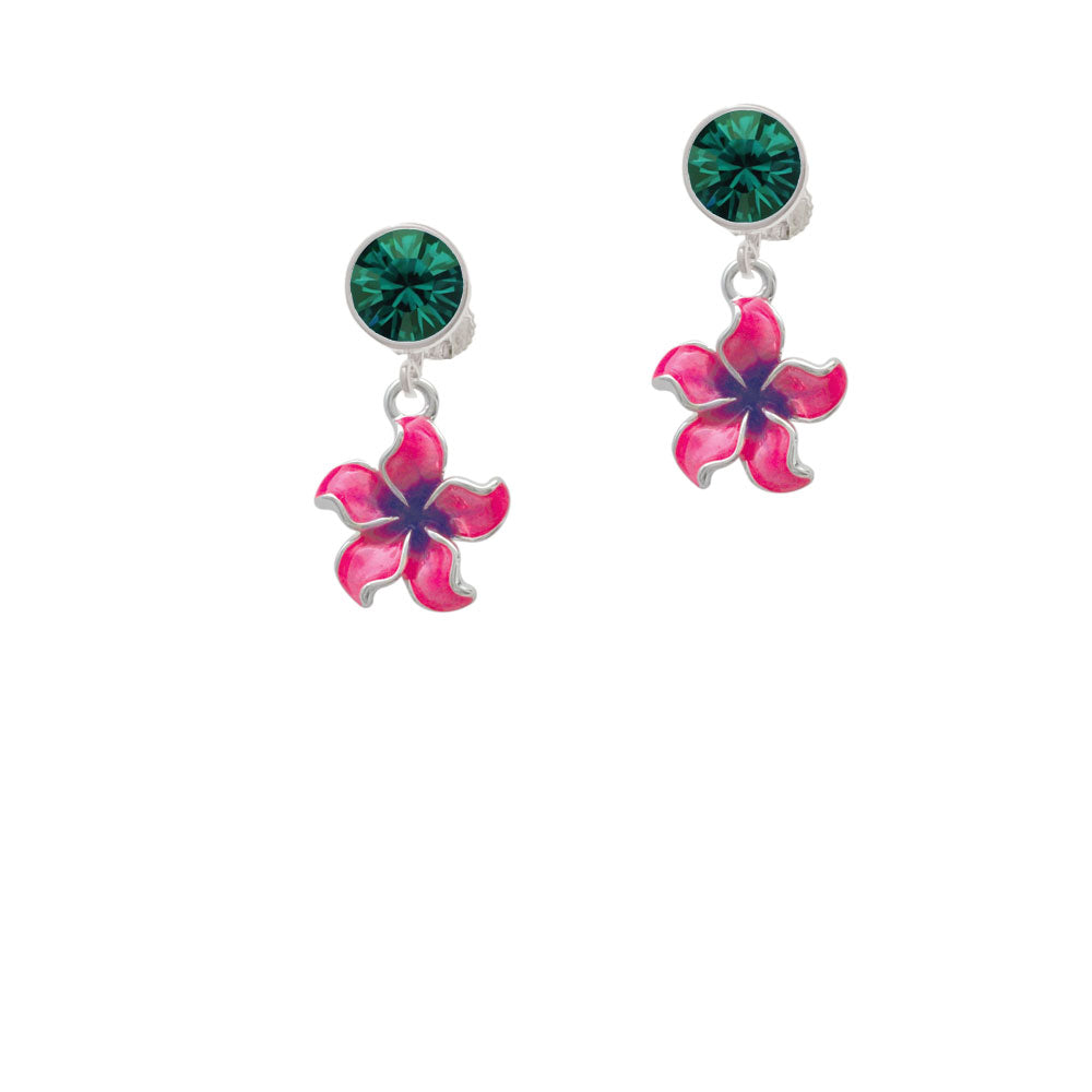 Hot Pink and Purple Plumeria Flower Crystal Clip On Earrings Image 6