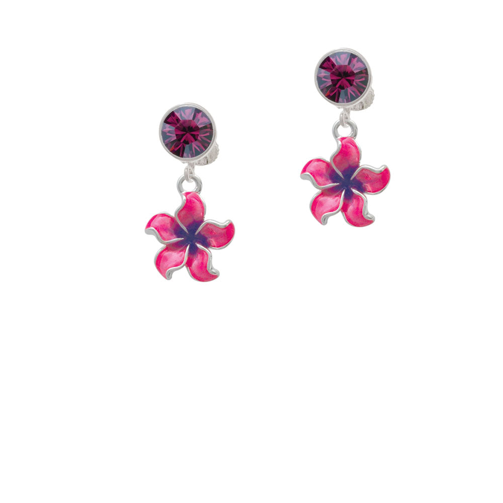 Hot Pink and Purple Plumeria Flower Crystal Clip On Earrings Image 8