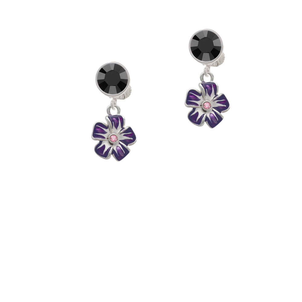 Purple and White African Violet Flower with Pink Crystal Crystal Clip On Earrings Image 3