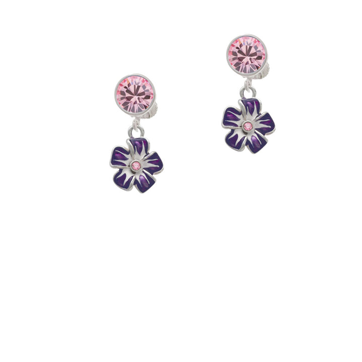 Purple and White African Violet Flower with Pink Crystal Crystal Clip On Earrings Image 4