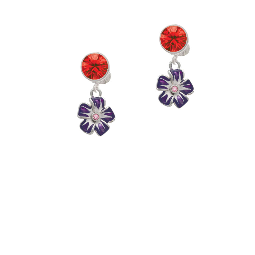 Purple and White African Violet Flower with Pink Crystal Crystal Clip On Earrings Image 4