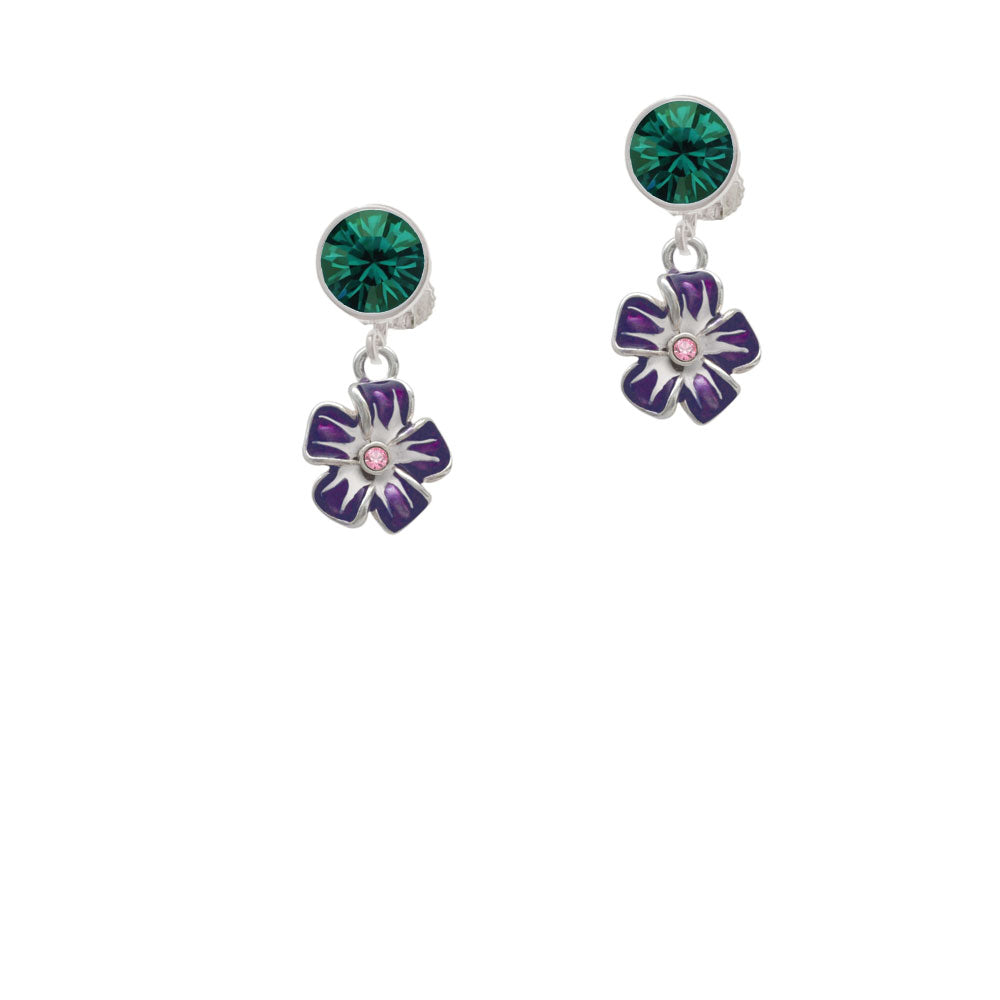 Purple and White African Violet Flower with Pink Crystal Crystal Clip On Earrings Image 6